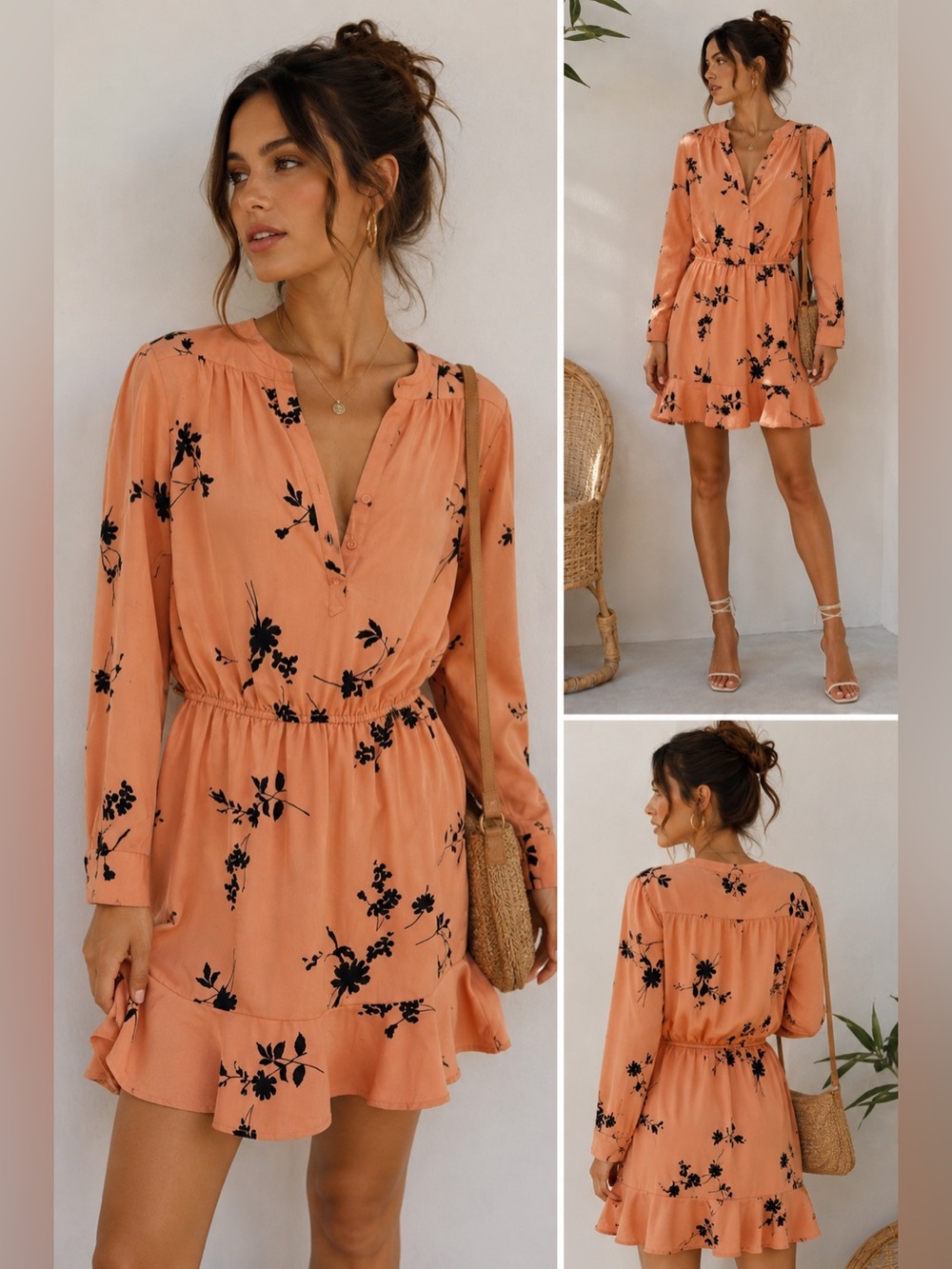 Joie Floral Mini Dress Size S Peach Black Long Sleeve Ruffle Boho